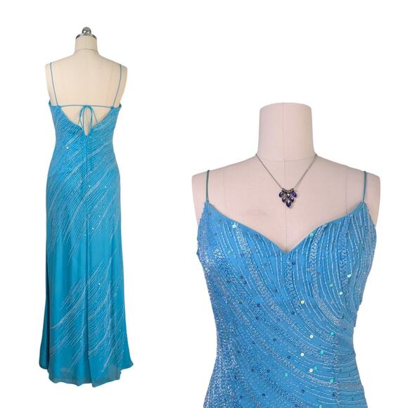 Silk Prom Dress Maxi Gown 10 Blue Vintage Y2K Fairy Glam Bead Princess Slit Bead - Picture 3 of 15